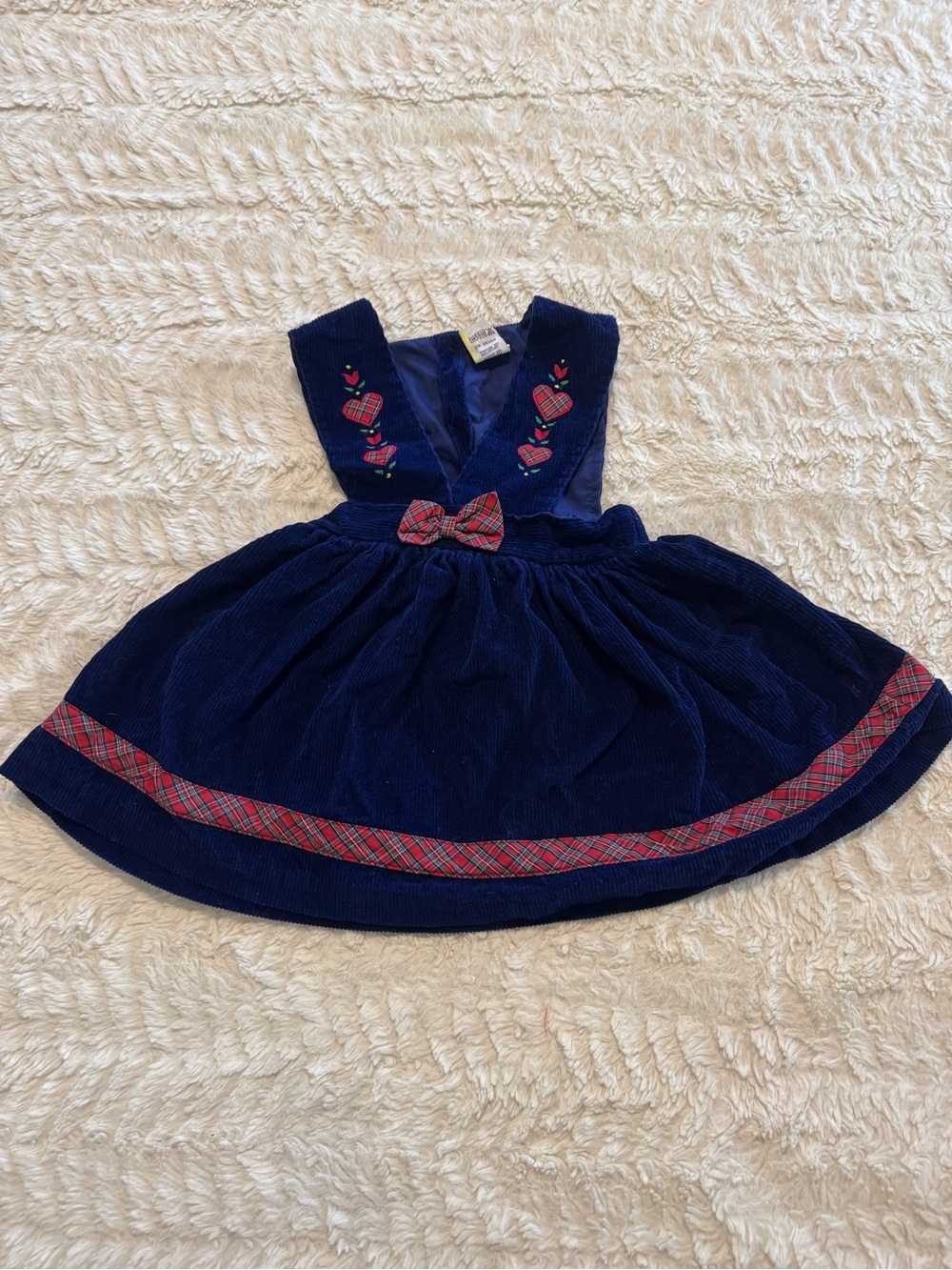 Vintage Toddler Girls Navy Corduroy Plaid Bow Heart Jumper Pinafore 2T 90’s